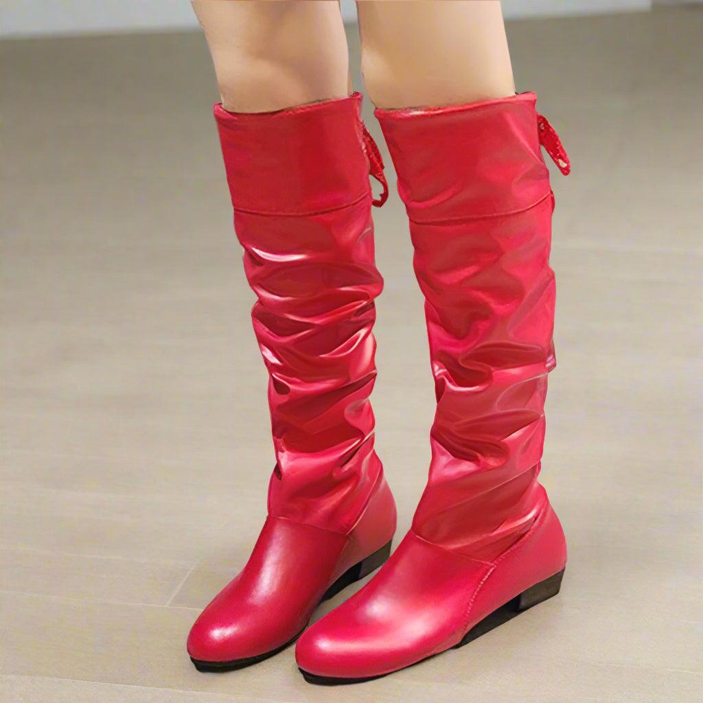 Women's Over-the-Knee Pleated Low Heel PU Casual Leather Boots - JVMCL