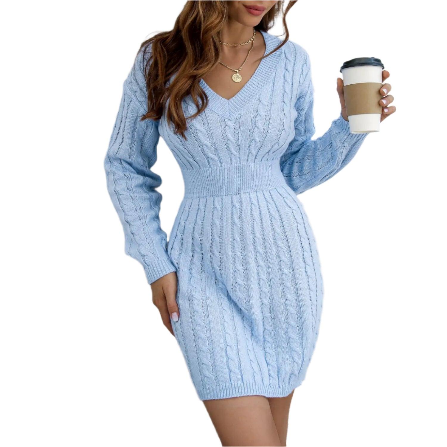 Knitted Solid Color V-neck Long-Sleeved Twist Waist Hip-Covering Sweater Dress - JVMCL