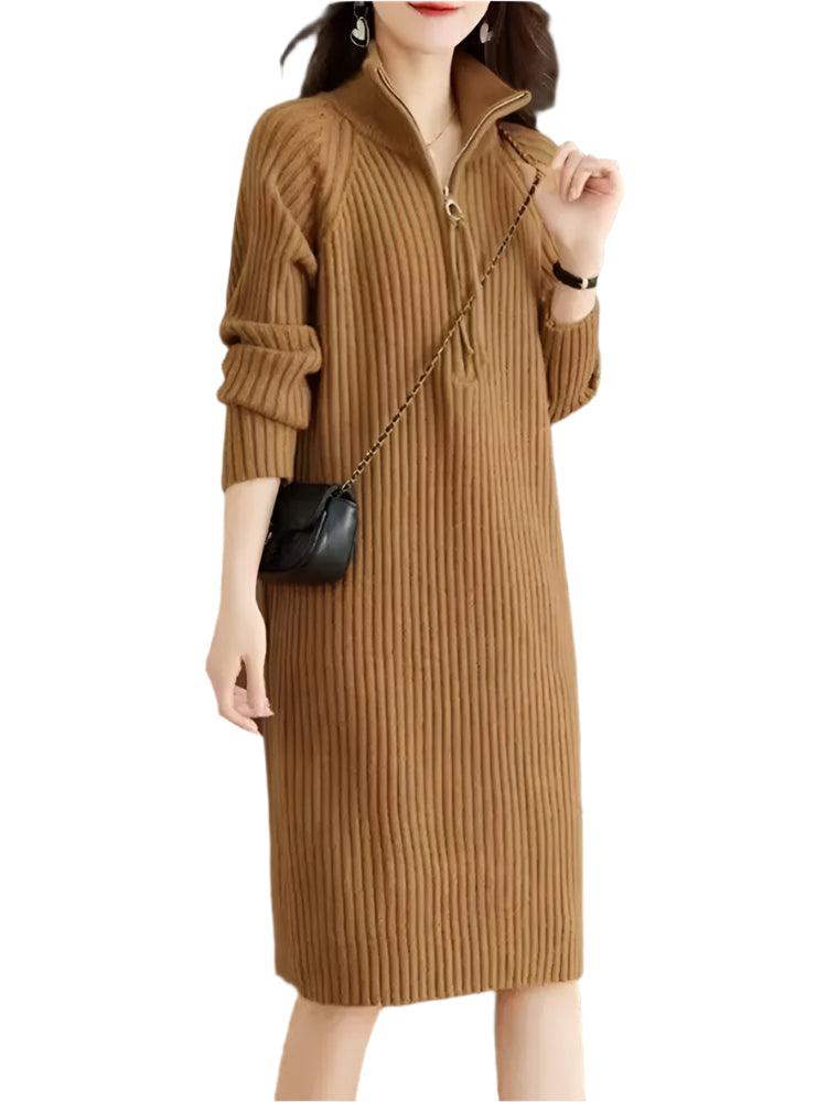 Autumn/Winter Medium Length Half Zipper Loose Casual Long Sleeve Trendy Knitted Dress - JVMCL