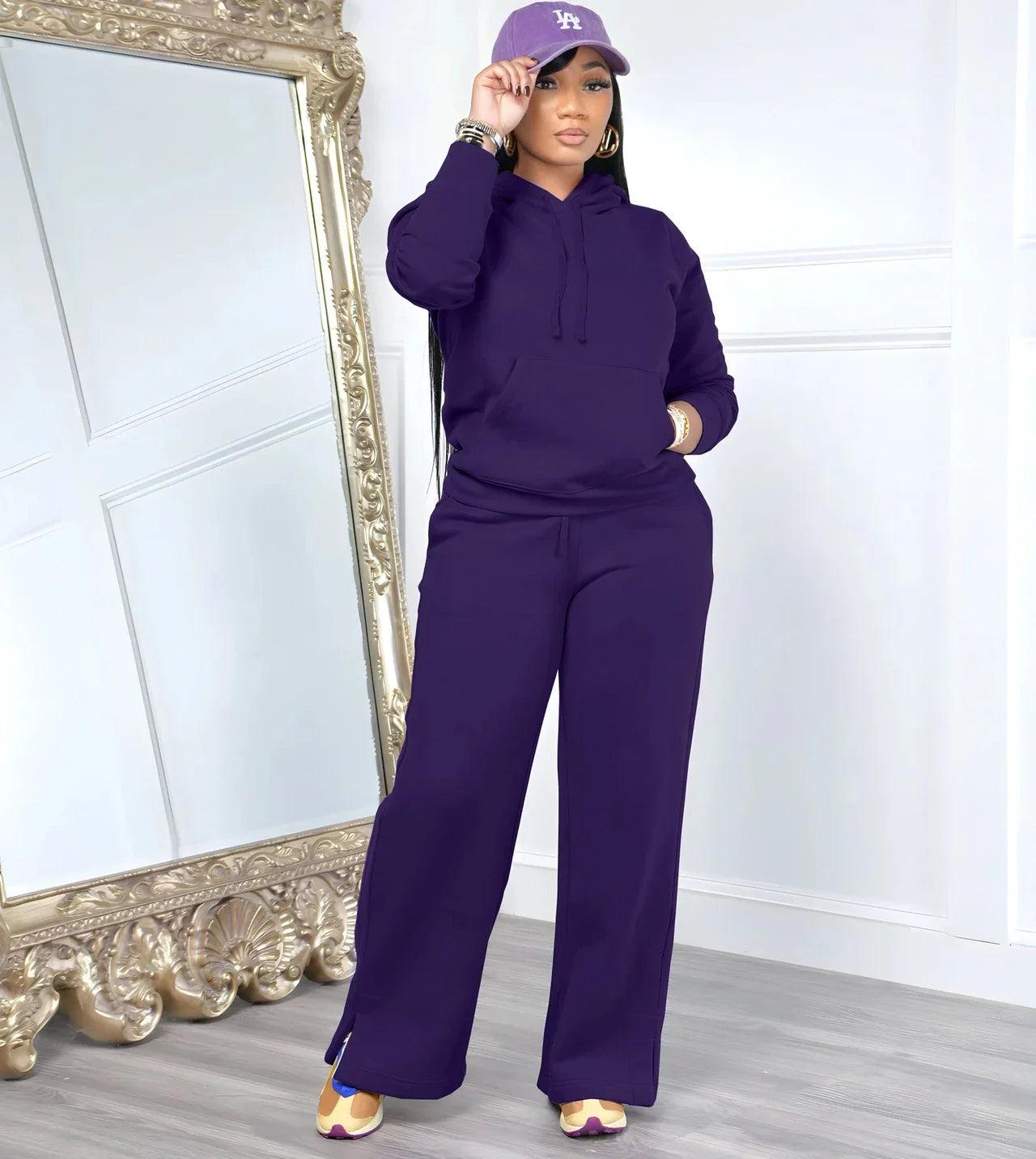 Women’s Hooded Top and Wide-Leg Pants Sport Two-Piece Winter Outfit Tracksuit - JVMCL