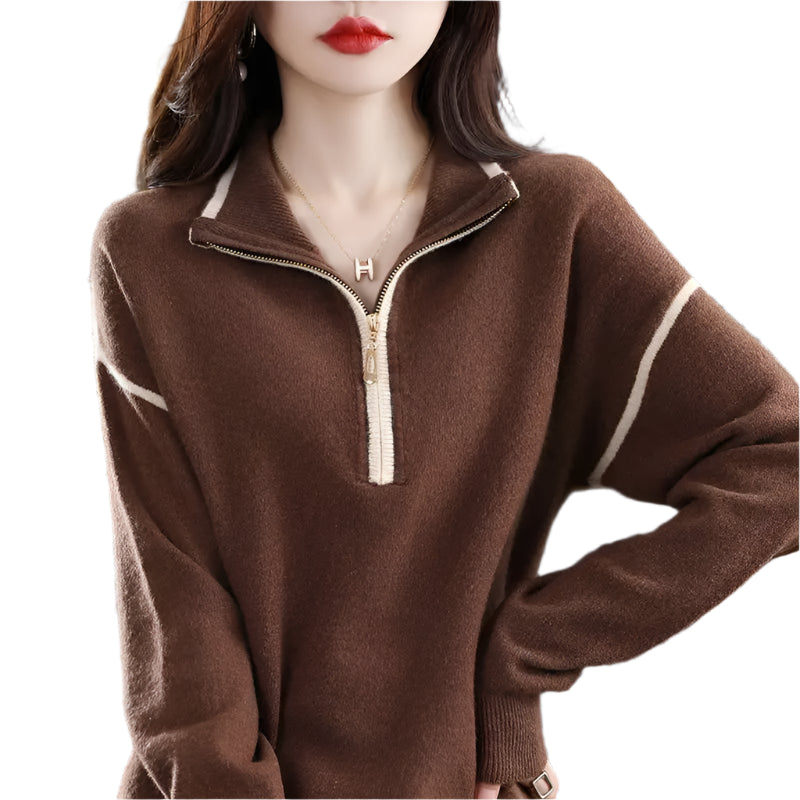 Women's Streetwear Zipper Mock Neck Knitted Sweater – Casual Loose Pullover