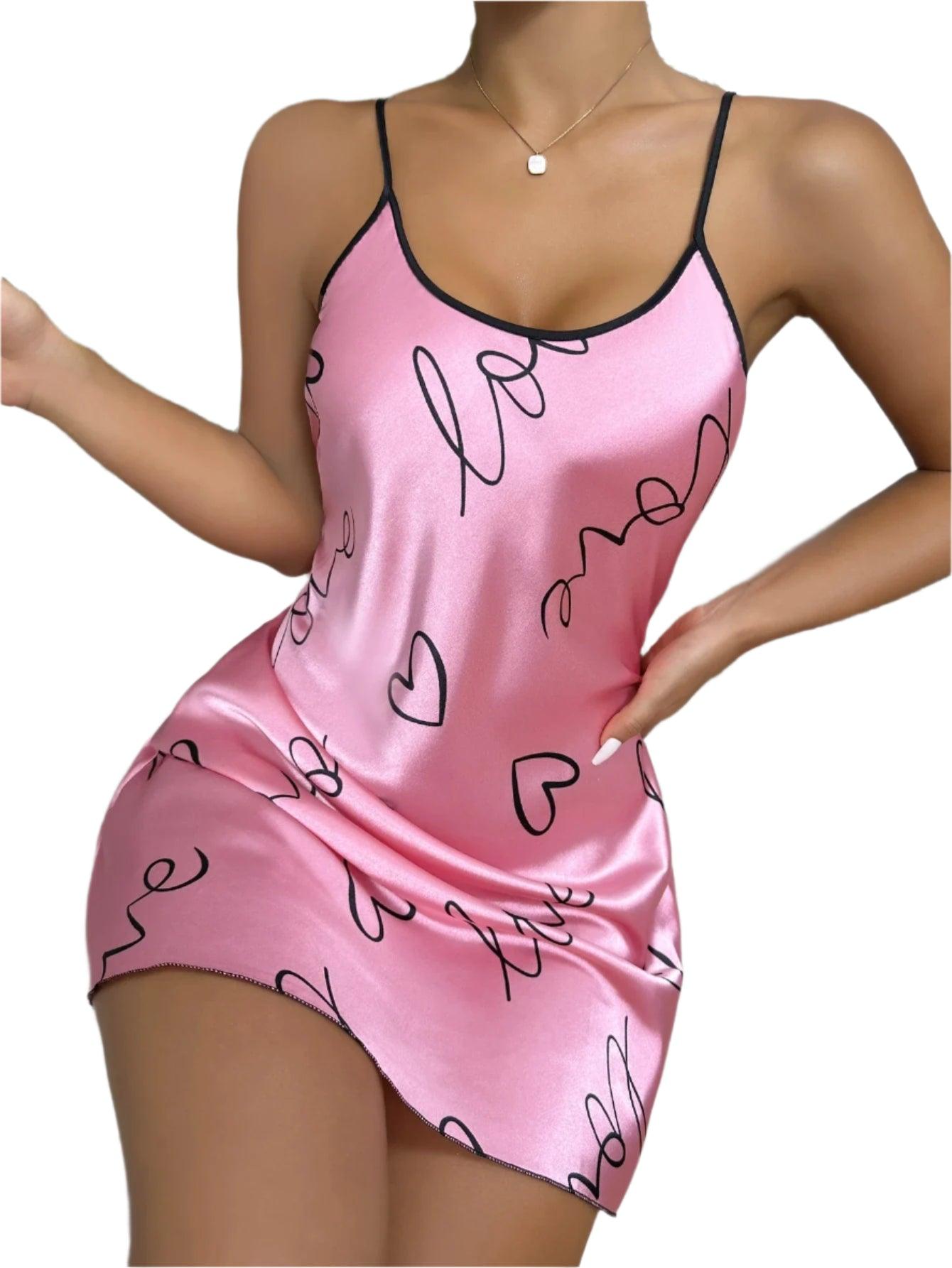 Heart Print Criss-Cross Back Nightdress - Elegant Scoop Neck Sleepwear - JVMCL