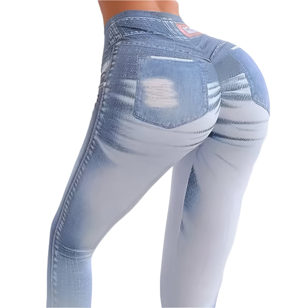 Zipper Denim Print High-Waist Push-Up Leggings – Stylish & Sporty Workout Tights - JVMCL