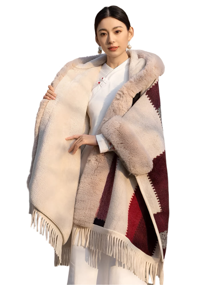 Luxury Women’s Faux Fur Wool Blend Cape Coat – Hooded Long Winter Cardigan Wrap - JVMCL