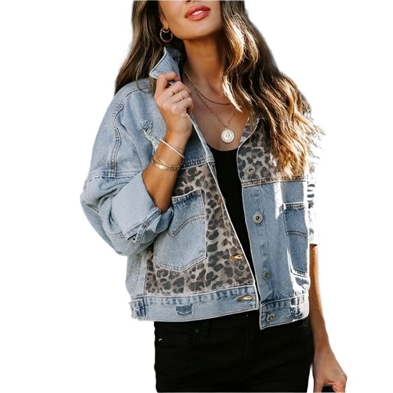 Trendy Patchwork Design Women's Leopard Stitching Comfortable Denim Jacket - JVMCL