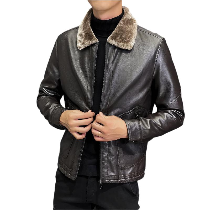 Men's Casual Motorcycle Windbreaker with Fur Collar Faux Leather Slim Fit Jacket - JVMCL