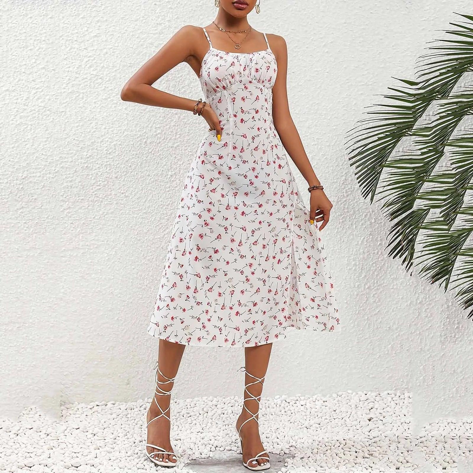 Elegant Red Polka Dot Split Floral Suspender Dress – Beach Party Maxi Dress - JVMCL