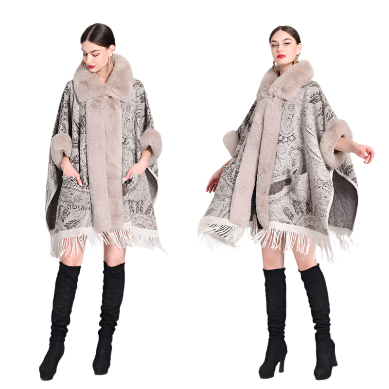 Soft Wool Blend Cape Coat – Faux Rex Rabbit Fur Jacquard Cloak for Women