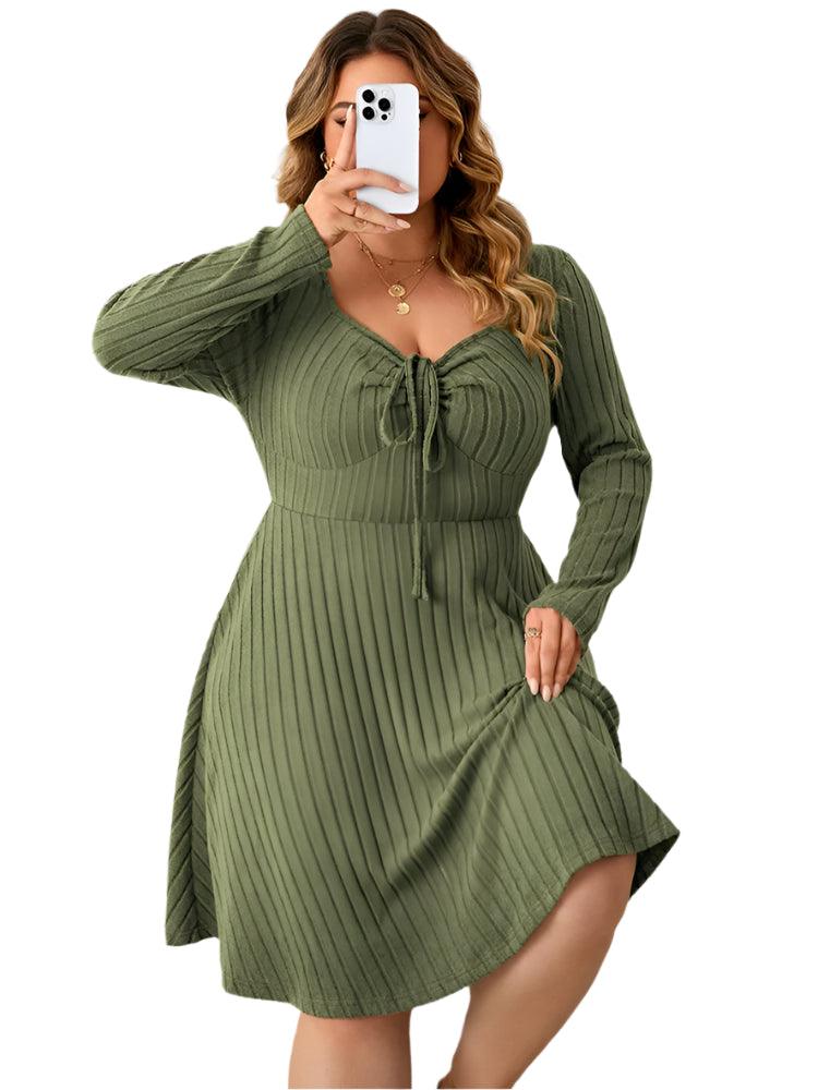 Long Sleeve Ribbed Plus Size Sweetheart Neck Knot Front A-Line Dress - JVMCL