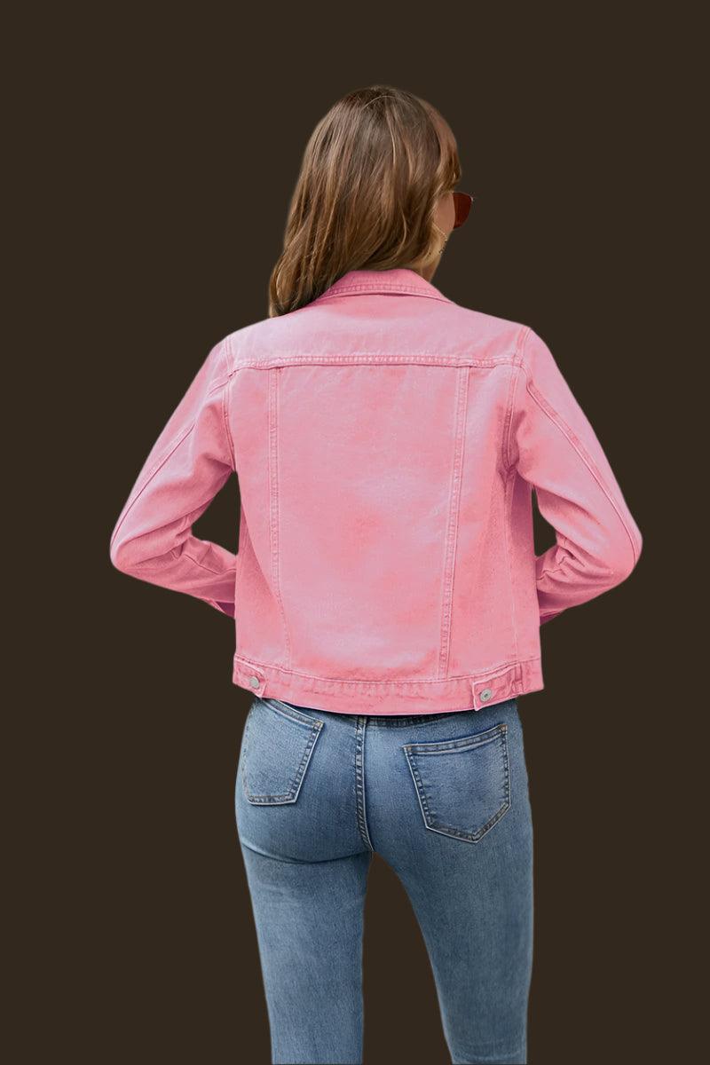 Women's Short Slim Denim Jacket -Casual Fall/Winter Jean Coat with Patch Details - JVMCL