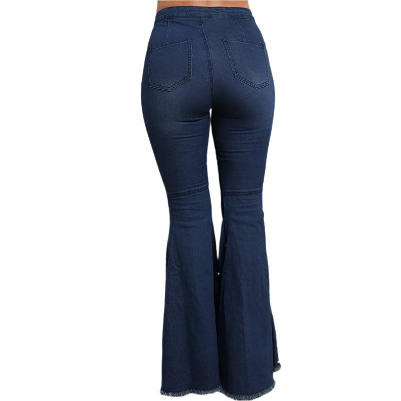 High-Waist Beaded Flared Denim Jeans – Stretchy & Stylish Streetwear - JVMCL