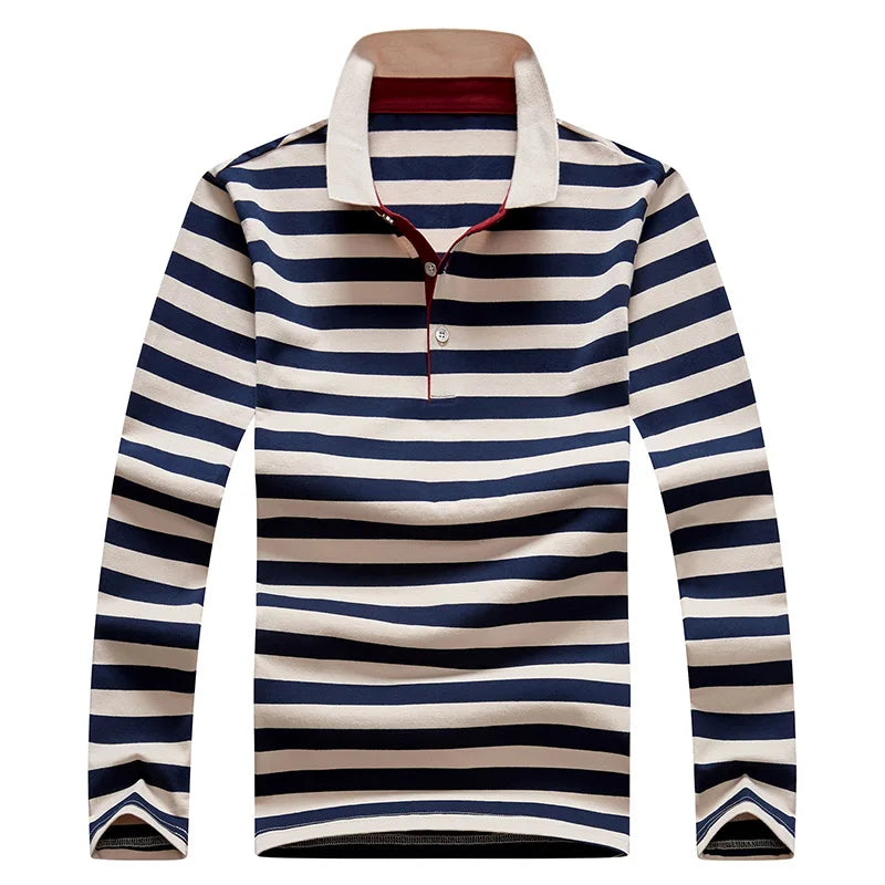 Men’s Cotton Long-Sleeve Striped Polo Shirt – Casual Business Fashion Sweater