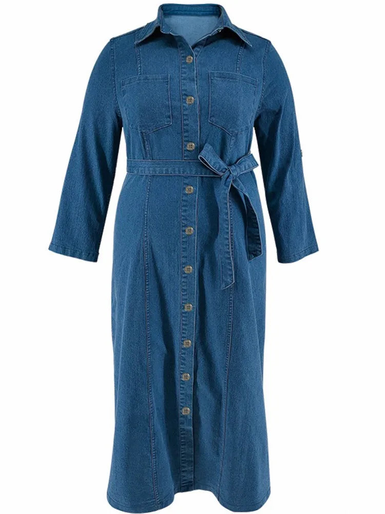 Plus Size Denim Midi Dress – Loose-Fit Street Style for Effortless Comfort