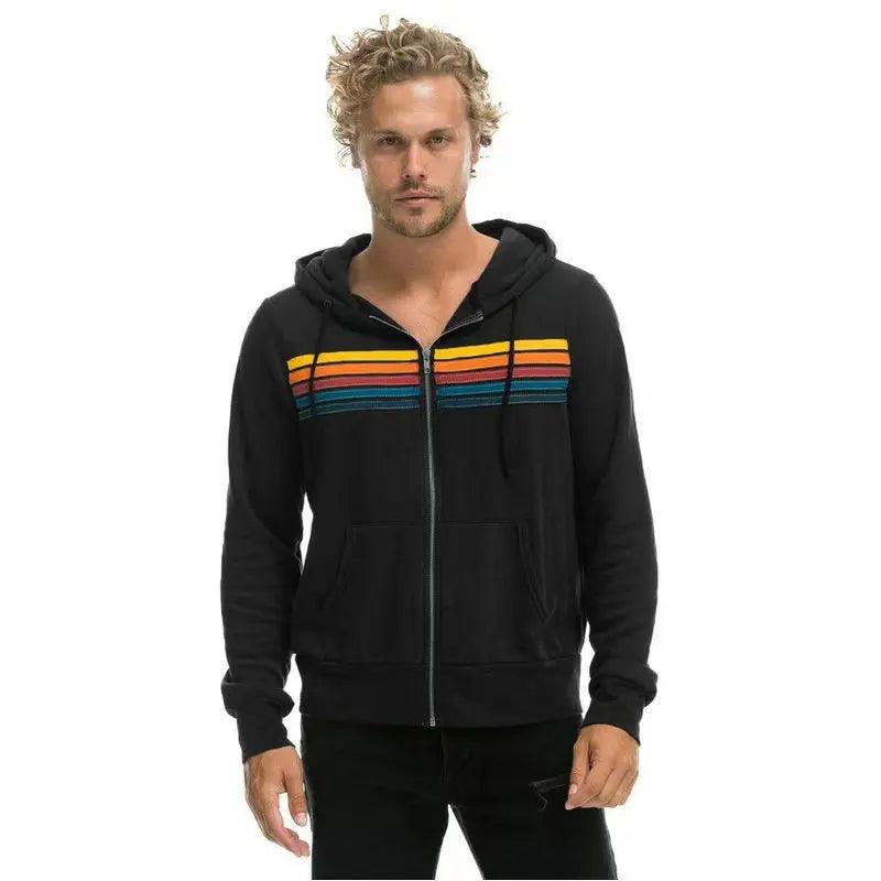 Aviator Nation 5 Stripe Rainbow Hooded Sweatshirt– Slim Fit Fleece Zip-Up Jacket - JVMCL