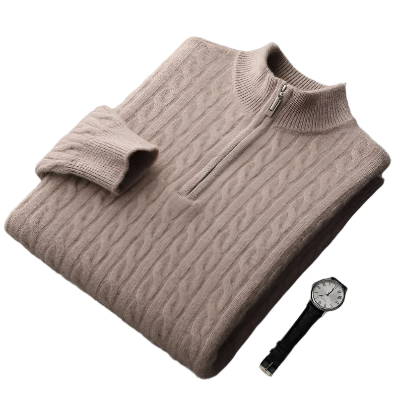 Thick Padded Knit Zipper Collar Pullover Men’s 100% Merino Cashmere Sweater - JVMCL