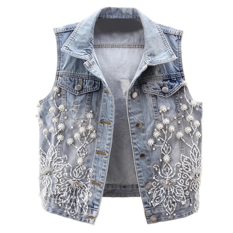 Ripped Pearl Denim Vest –  Casual Streetwear Trendy Sleeveless Waistcoat