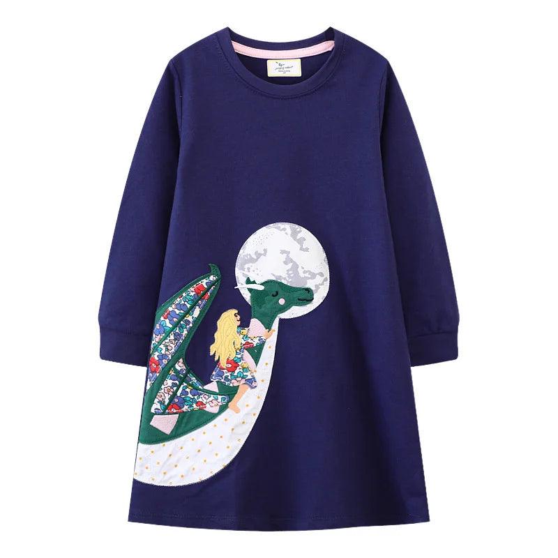 Adorable Animal Applique Princess Dress – Long Sleeve Girls' Party & School Outfit - JVMCL