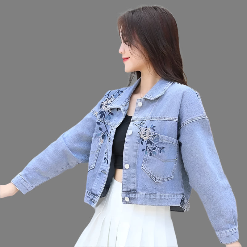 Women's Embroidered Denim Jacket – Stylish Preppy Loose-Fit Outerwear