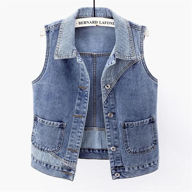 Women's Vintage Blue Stripe Spliced Denim Vest – Slim Fit Sleeveless Waistcoat