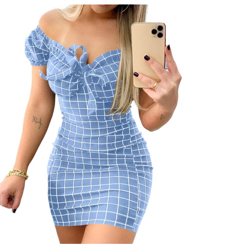 Summer Sexy Off-Shoulder Plaid Mini Dress –Casual Beach Bodycon Boho Party Dress