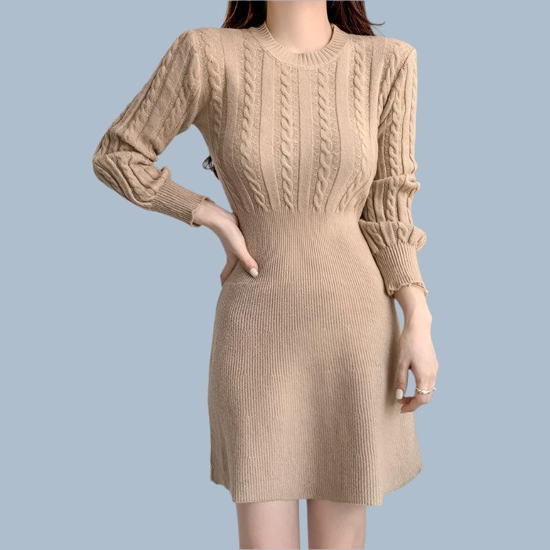 Chic Feminine Korea Winter Spring Women Office Lady O-Neck Knitted Sweater Dress - JVMCL