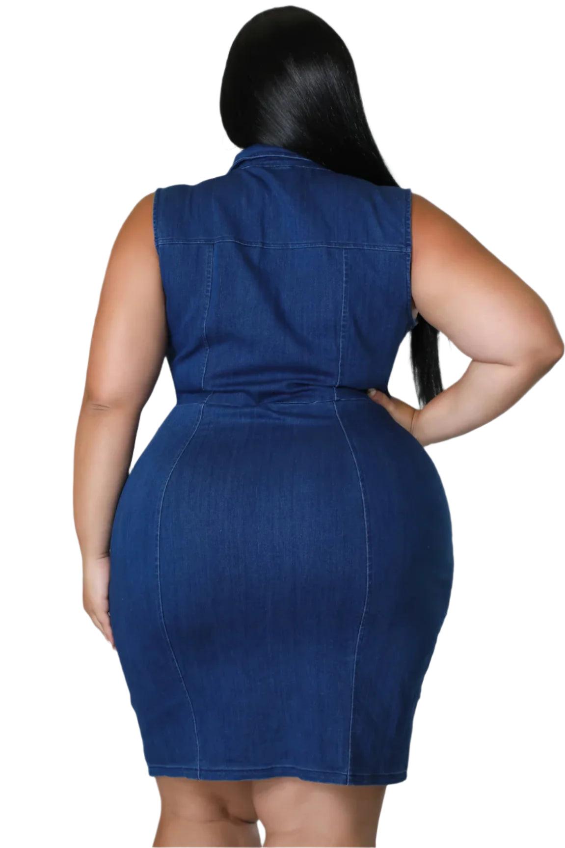 Comfortable Fit Elegant Plus Size Sleeveless Zipper Denim Dress for Women - JVMCL