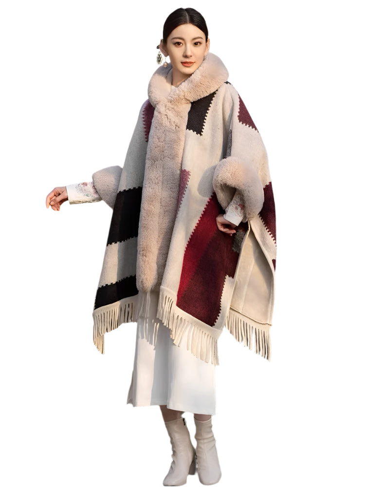 Luxury Women’s Faux Fur Wool Blend Cape Coat – Hooded Long Winter Cardigan Wrap - JVMCL