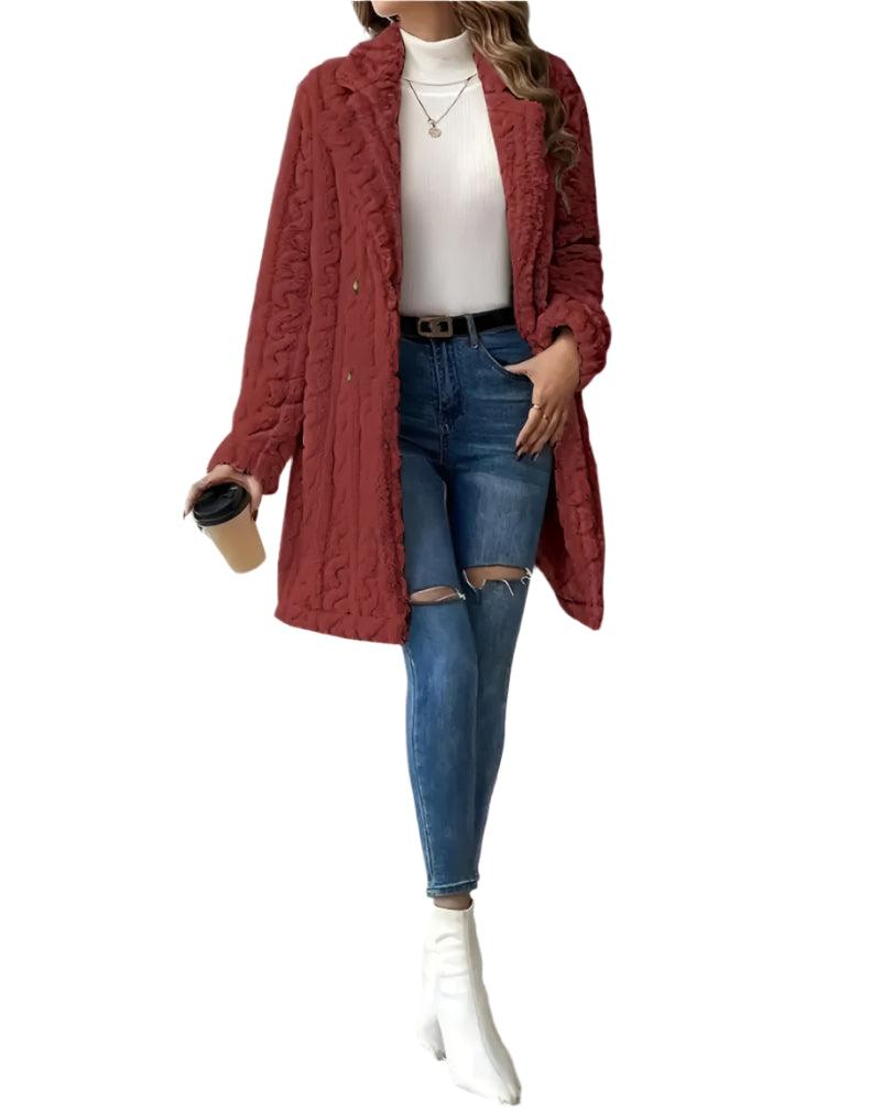 Women's Casual Double-Breasted Wool Coat – Warm Coral Velvet Long Jacket - JVMCL