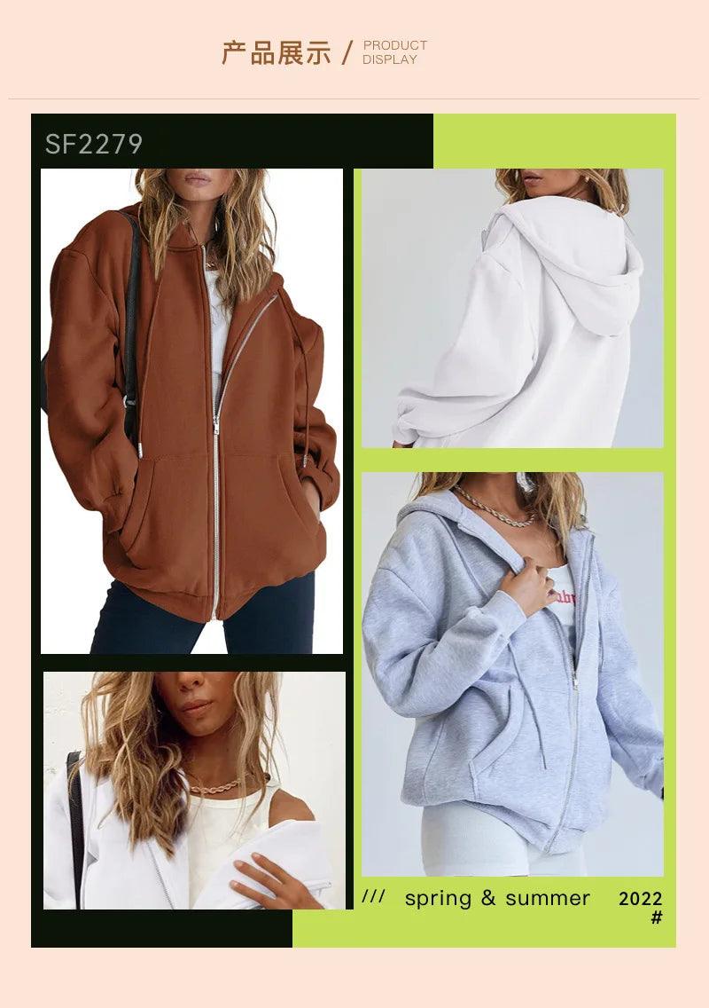 Women's Long Sleeve Solid Zip-Up Sweatshirt - Autumn/Winter Fashion Hoodie - JVMCL