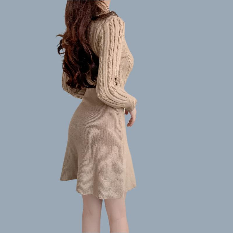 Chic Feminine Korea Winter Spring Women Office Lady O-Neck Knitted Sweater Dress - JVMCL