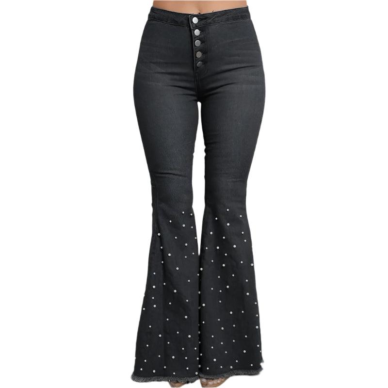 High-Waist Beaded Flared Denim Jeans – Stretchy & Stylish Streetwear - JVMCL