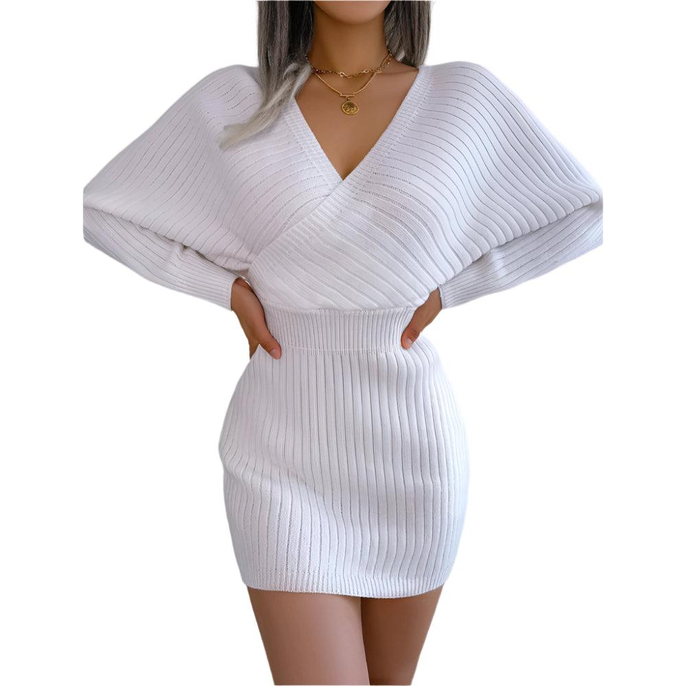 Autumn Winter V-Neck Knitted Wrap Dress – Slim Fit Mini for Casual Elegance - JVMCL