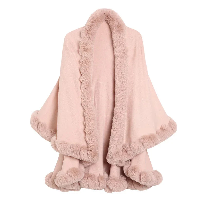 Elegant Outstreet Faux Fox Fur Collar Two-Layer Poncho Cape Cardigan Coat - JVMCL