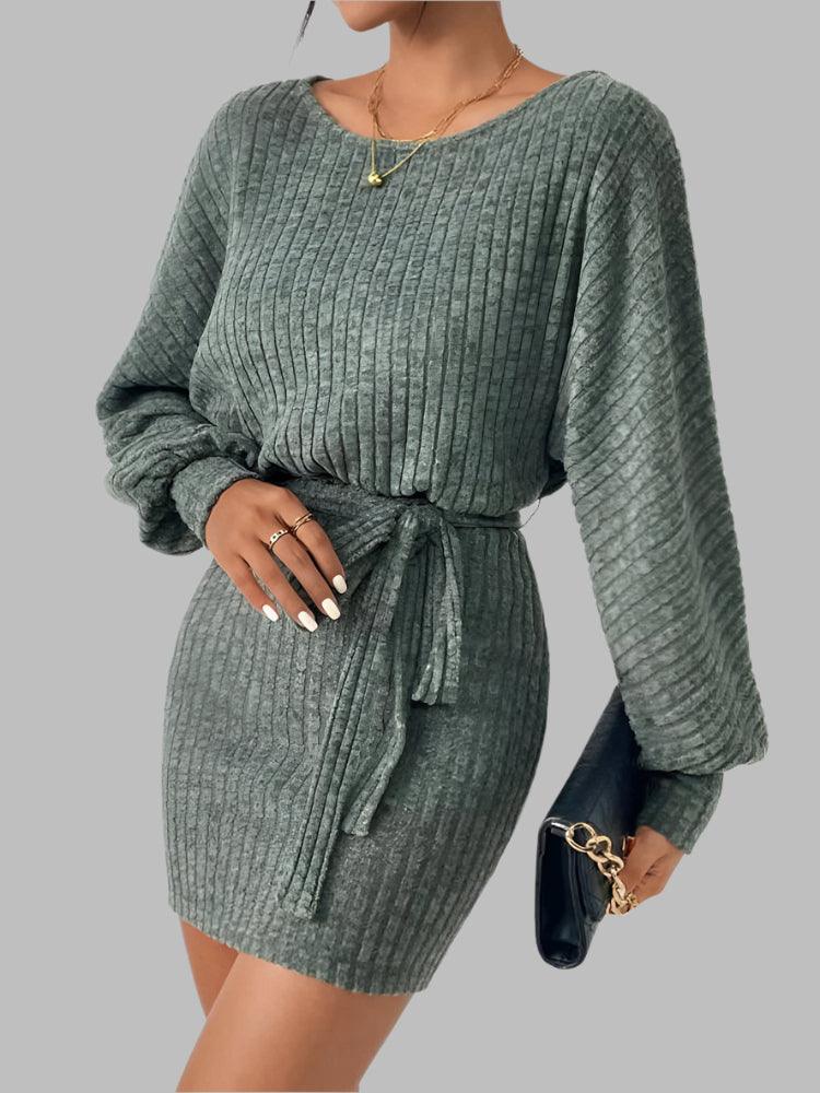 Fashion Round Neck Striped Green Lace Knit Striped Texture Bag Arm Dress - JVMCL