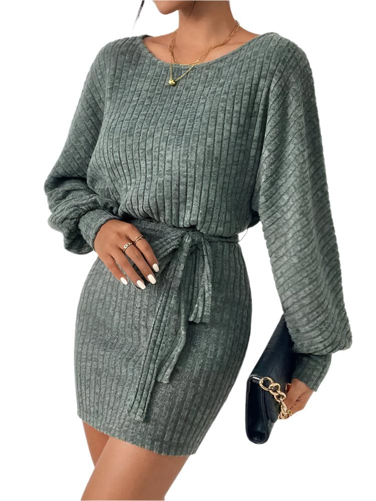 Fashion Round Neck Striped Green Lace Knit Solid Color Bag Arm Commuter Dress - JVMCL