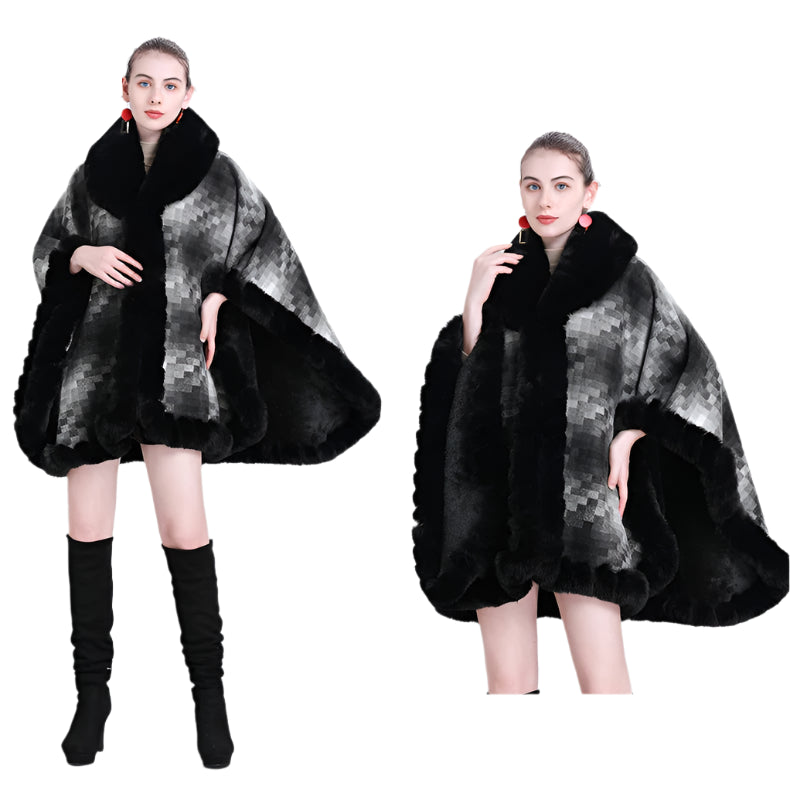 Women's Thicken Lining Woolen Faux Rabbit Fur Cloak Overcoat - Vintage Winter Cape - JVMCL