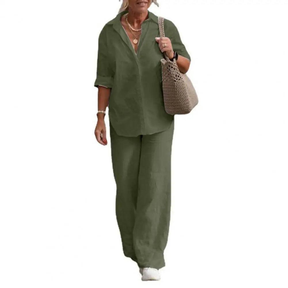 Elegant Long Sleeve Shirt & Wide-Leg Pants Women's Cotton 2-Piece Suit Set - JVMCL