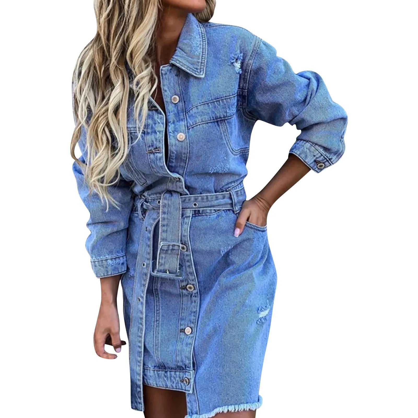 Slim-Fit  Casual Mid-Length Single-Breasted Stretch Denim Dress