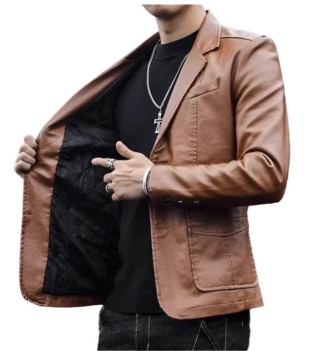 Men's Business Casual Leather Jacket – Slim Fit Suit Collar Coat - JVMCL