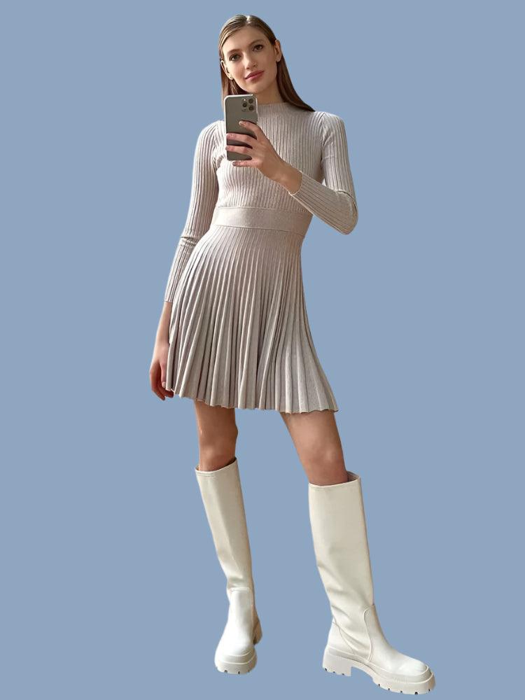 Turtleneck Knit Ruffled Mini Elegant High Waist Ribbed Skinny Knitwear Dress - JVMCL