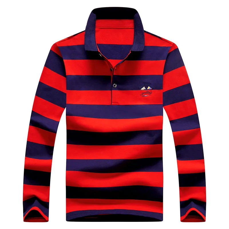 Men’s Cotton Long-Sleeve Striped Polo Shirt – Casual Business Fashion Sweater