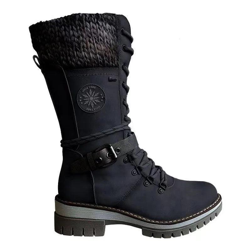 Women’s Winter Buckle Lace Knitted Mid-Calf Boots - JVMCL