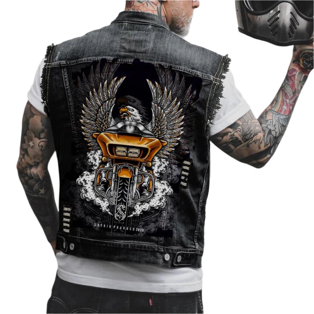 Comfort Stylish Street Riding 3D Print Sleeveless Denim Waist Vest Coat for Men - JVMCL