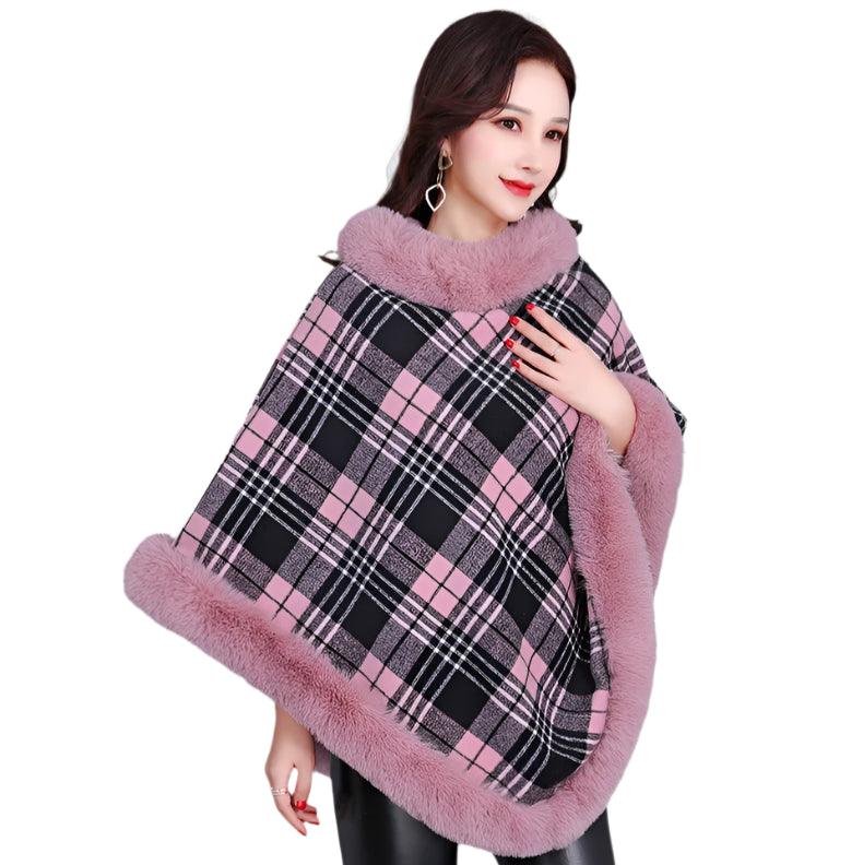 Party Outfit Grey Grid Winter Thick Warm Poncho with Faux Rabbit Fur Collar - JVMCL