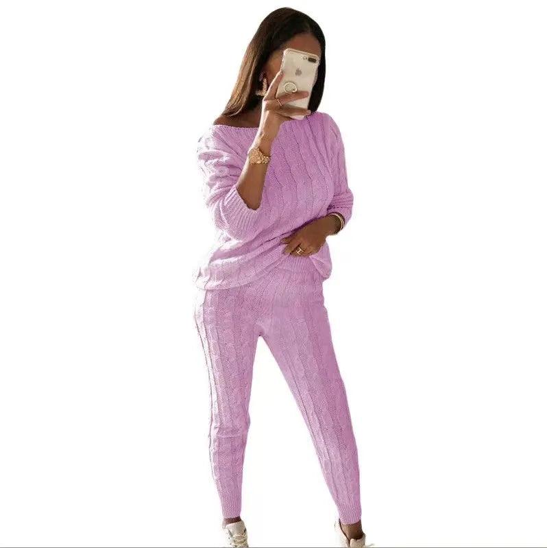 Women's Solid Color Knitted 2-Piece Set - Sweater Top & Pencil Pant - JVMCL