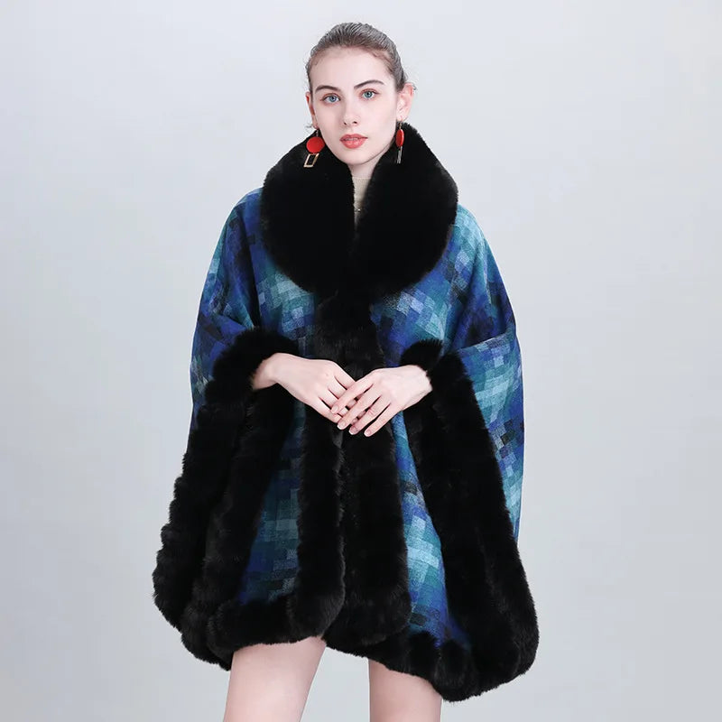 Women's Thicken Lining Woolen Faux Rabbit Fur Cloak Overcoat - Vintage Winter Cape - JVMCL