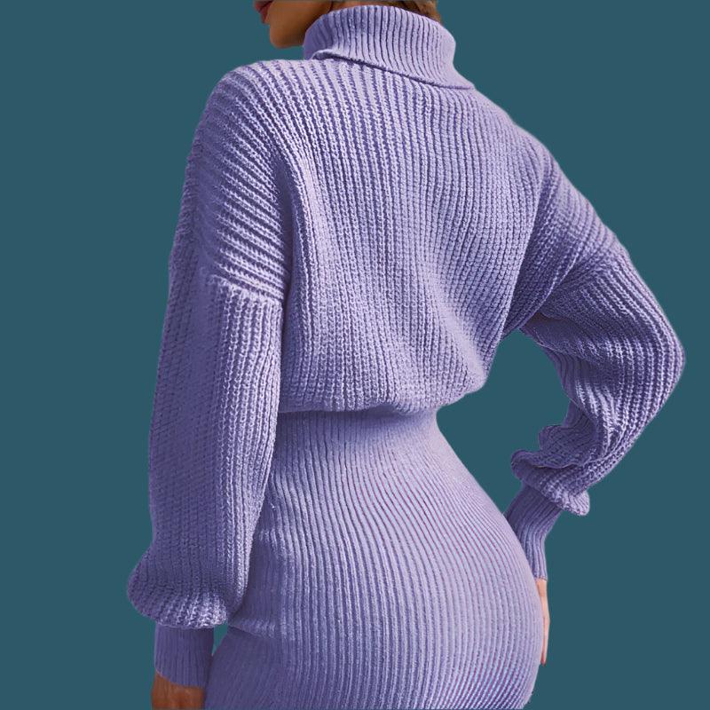 French Gentle Style High Collar Waist-Slimming Rib Knit Bottoming Purple Dress - JVMCL