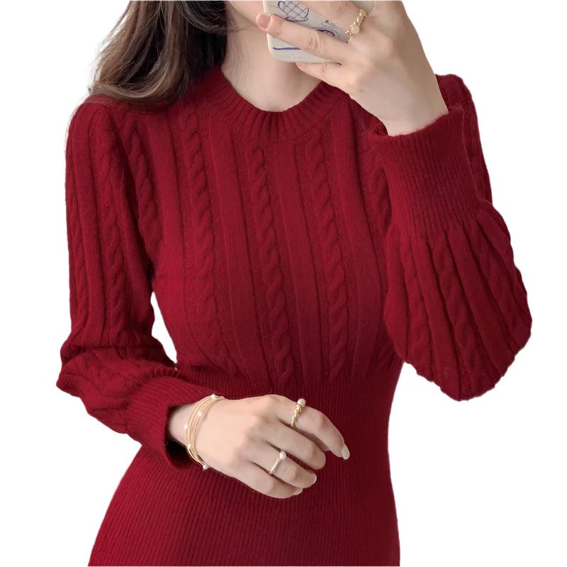 Chic Feminine Korea Winter Spring Women Office Lady O-Neck Knitted Sweater Dress - JVMCL