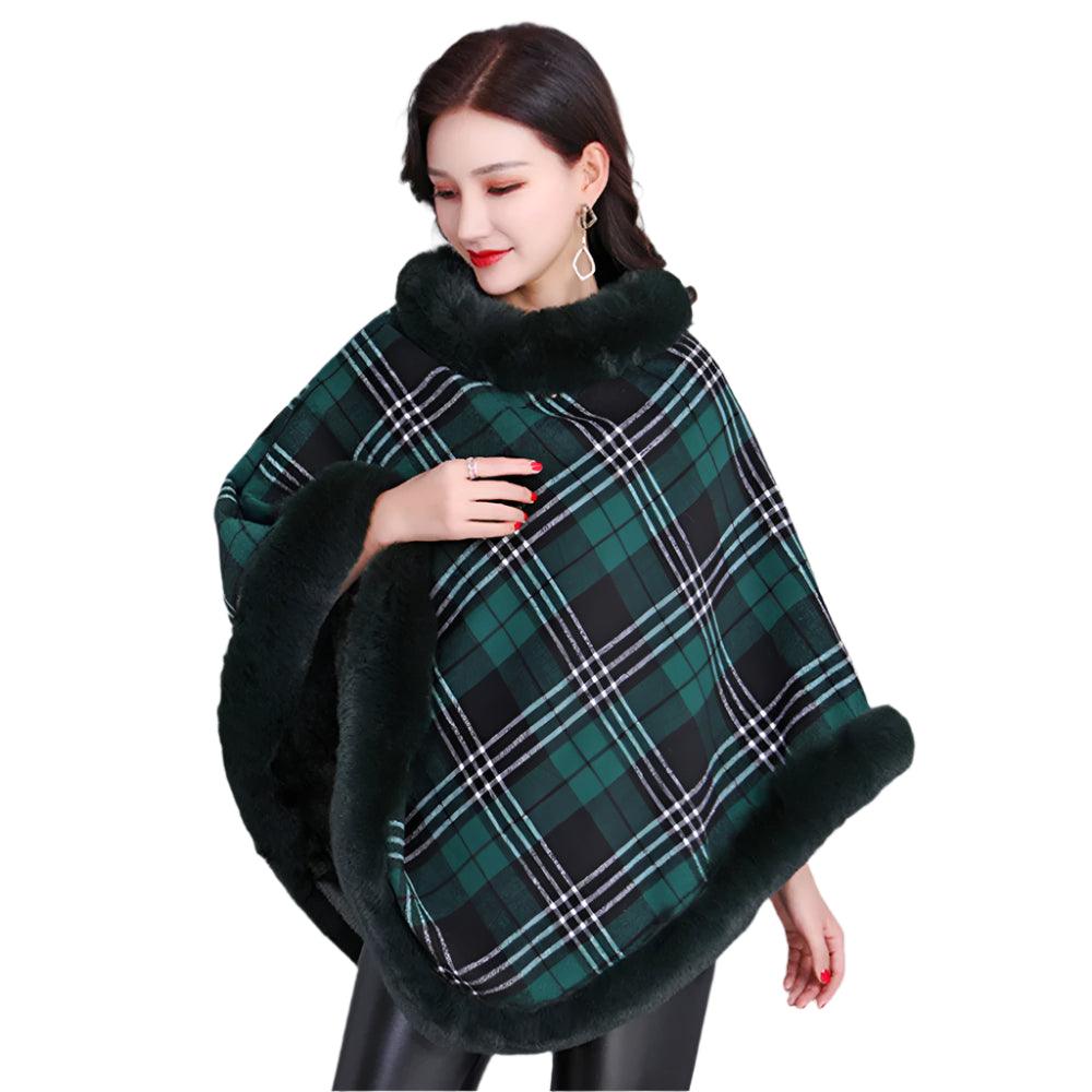 Party Outfit Grey Grid Winter Thick Warm Poncho with Faux Rabbit Fur Collar - JVMCL