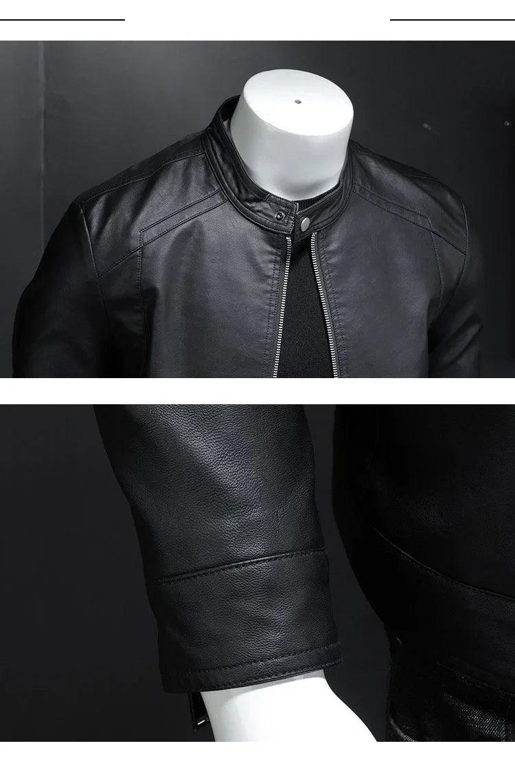 Fashion Motorcycle Stand Collar Slim Long Sleeve Biker Leather Coat Jacket - JVMCL